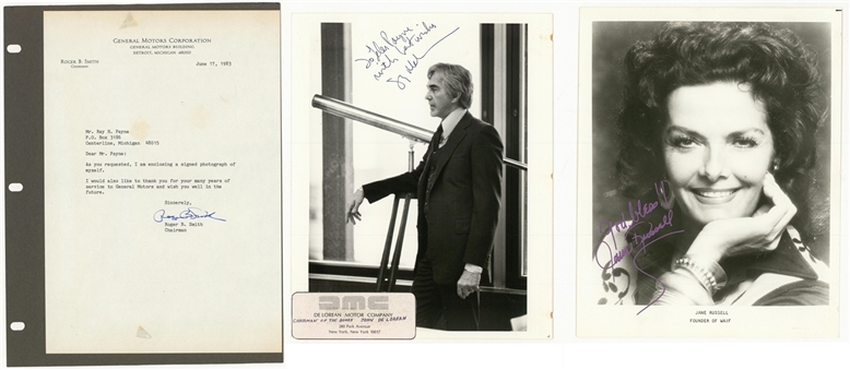 Lot of (3) Famous People in Business Signed Items With John DeLorean, Roger B. Smith, and Jane Russell (Beckett PreCert)